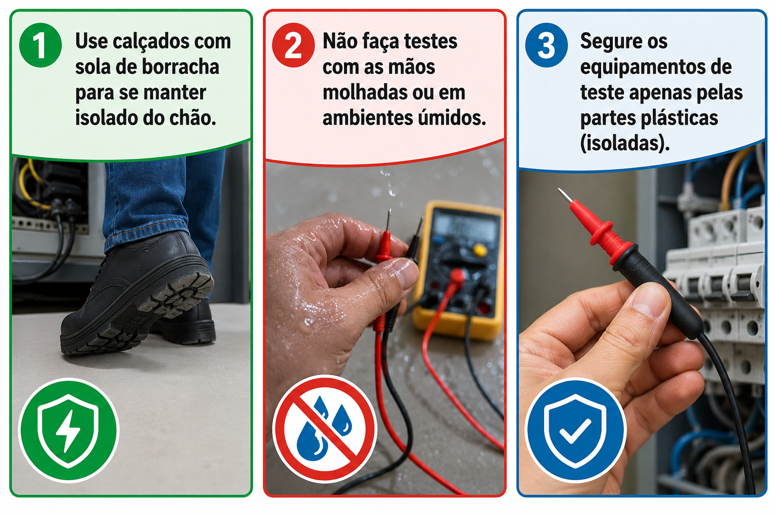Use calçados com sola de borracha para se manter isolado do chão.Não faça testes com as mãos molhadas ou em ambientes úmidos.Segure os equipamentos de teste apenas pelas partes plásticas (isoladas).