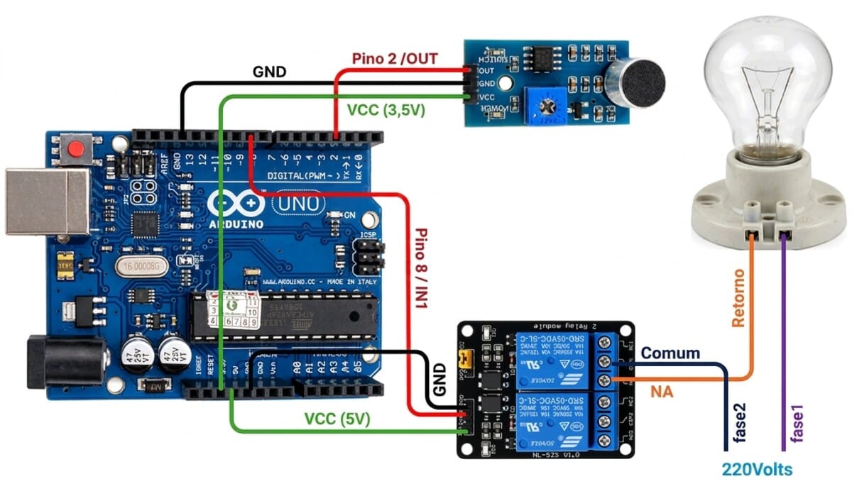 Circuito montado com Arduino Uno e módulo relé para acender lâmpada